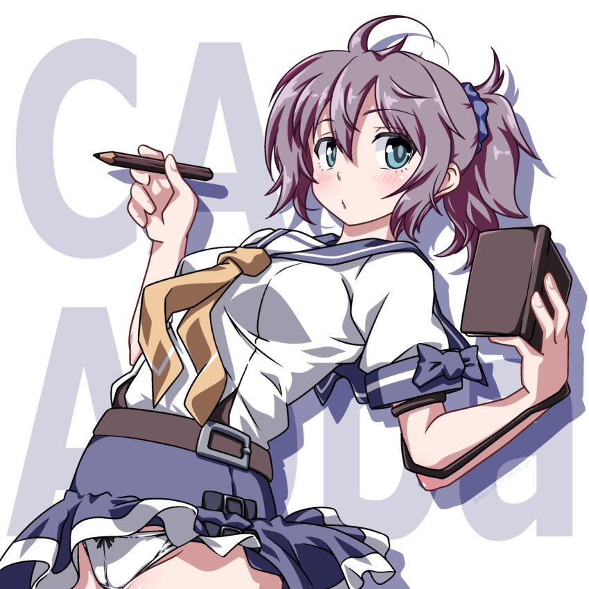 1girl, 547th_sy, aoba_(kancolle), text_background, blue_eyes, blue_scrunchie, booklet, character_name