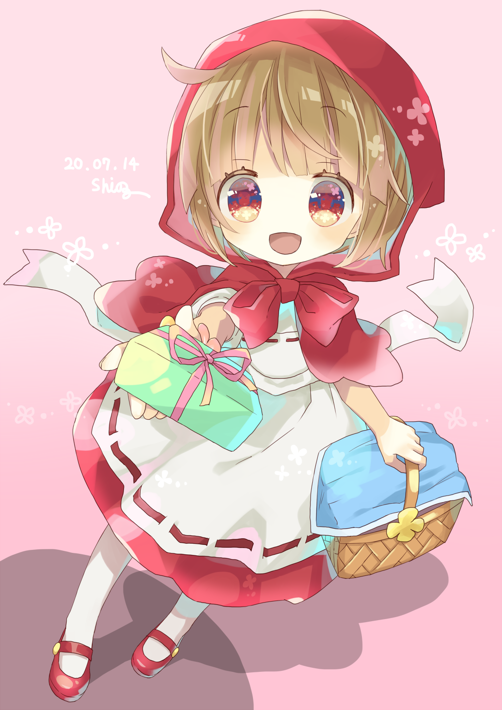 1girl, basket, blush, box, brown_hair, cape, dated, dress