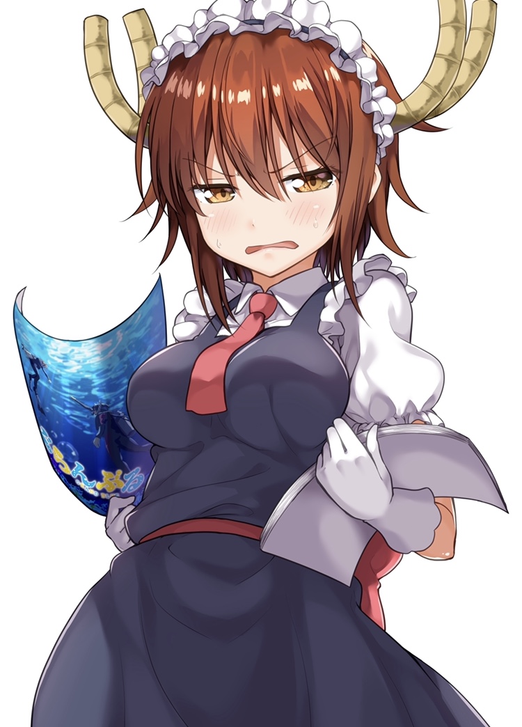 1girl, black_dress, blush, breasts, brown_eyes, commentary_request, cosplay, dragon_horns