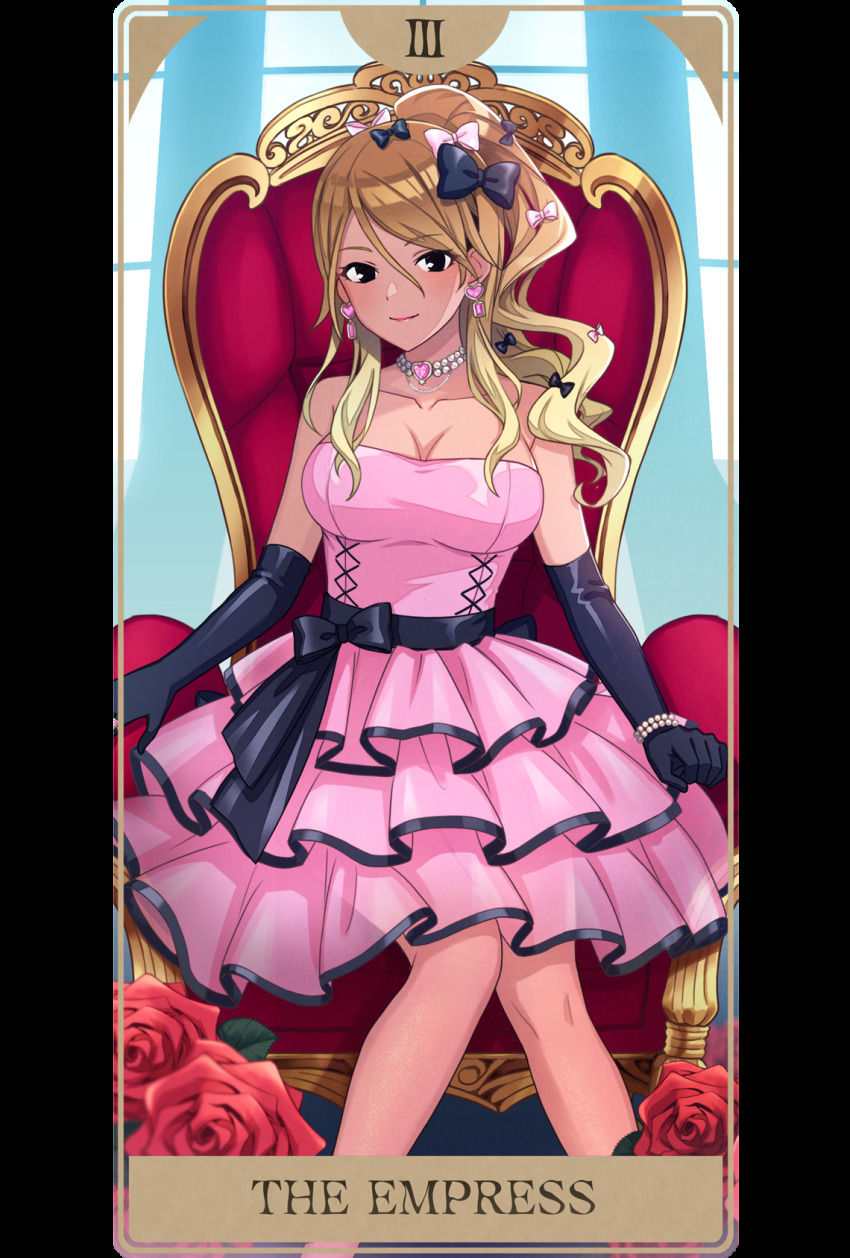 1girl, 23nanato, bare_legs, bare_shoulders, black_eyes, blonde_hair, blush, bow