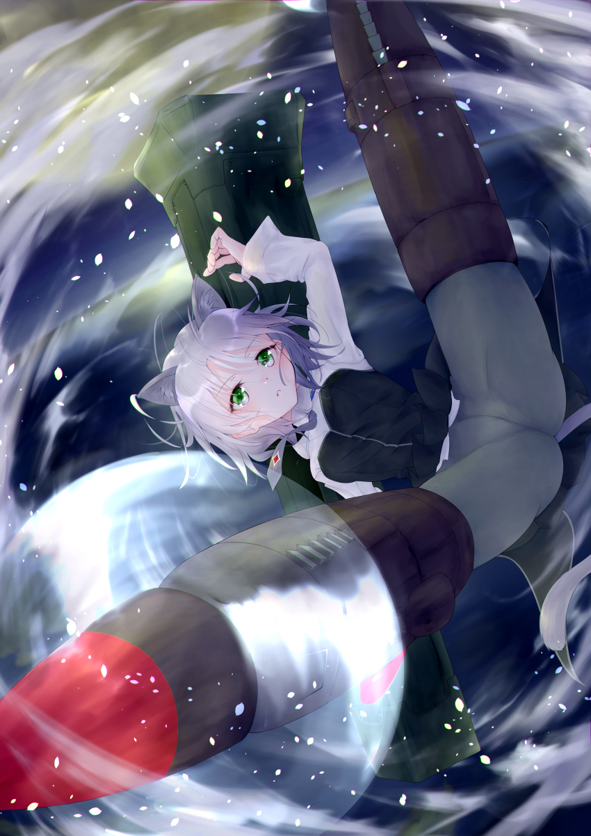 1girl, absurdres, animal_ears, ass, bad_id, bad_pixiv_id, black_pantyhose, breasts, cat_ears, cat_tail, crotch, fliegerhammer, flying, green_eyes, grey_necktie, highres, meen_(ouaughikepdvrsf), military, military_uniform, miniskirt, necktie, pantyhose, parted_lips, sanya_v._litvyak, short_hair, skirt, small_breasts, solo, spread_legs, strike_witches, striker_unit, tail, weapon, white_hair, world_witches_series