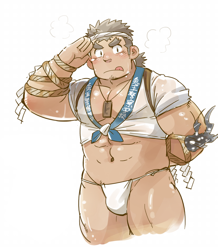 1boy, abs, bara, beard, blush, bulge, cowboy_shot, facial_hair