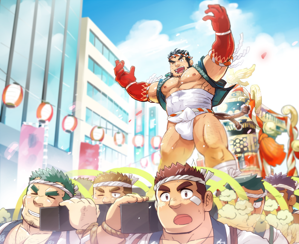 6+boys, aether_deity_(housamo), bara, beard, blush, body_hair, brown_hair, bulge