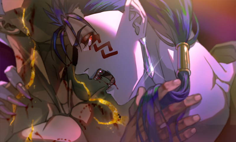 2boys, archer_(fate), bite_mark, blood, blood_from_mouth, blue_hair, brown_eyes, close-up