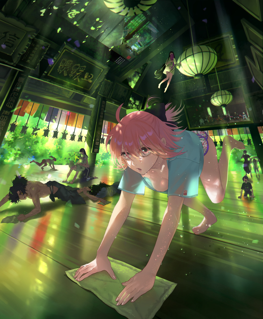 4girls, 6+boys, akechi_mitsuhide_(fate), alternate_costume, architecture, black_bow, black_hair, bow