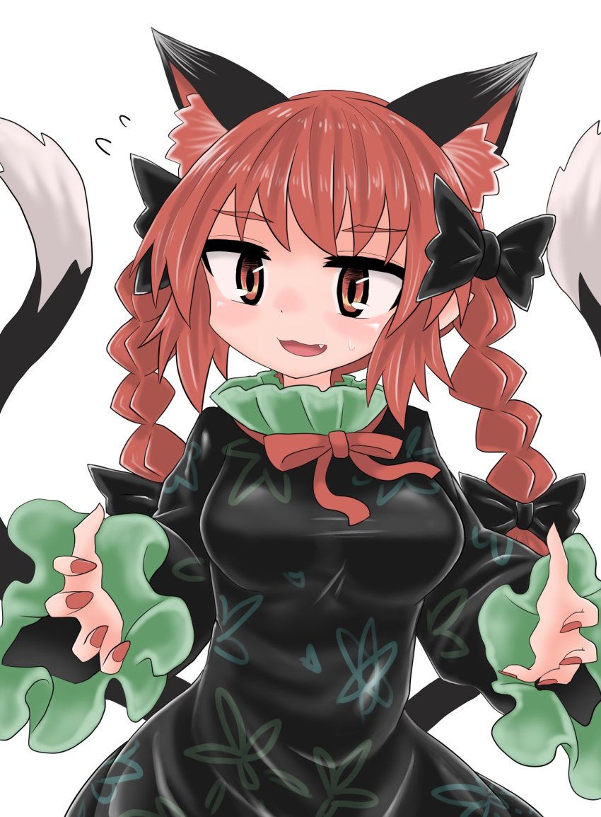 1girl, animal_ears, black_bow, black_dress, black_tail, bow, braid, breasts