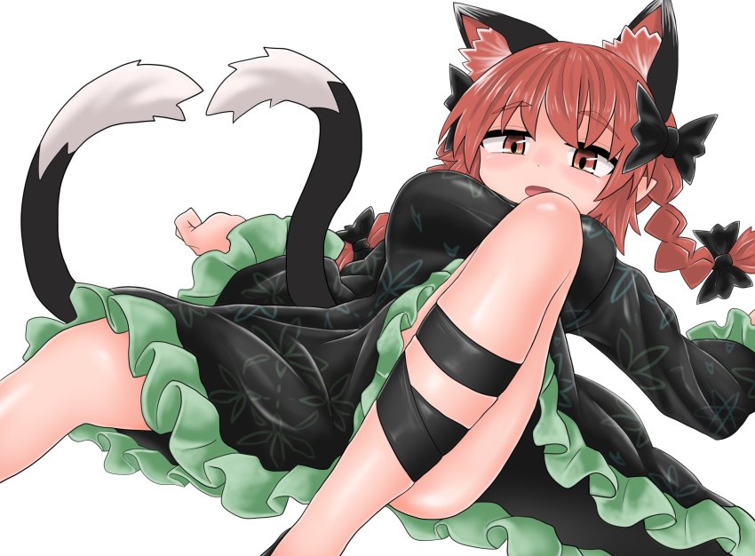 1girl, animal_ears, black_bow, black_dress, black_footwear, black_legwear, black_tail, bow