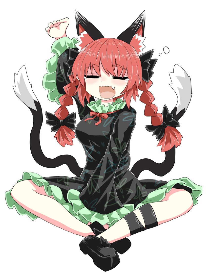 1girl, animal_ears, arm_up, black_bow, black_dress, black_footwear, black_legwear, black_tail