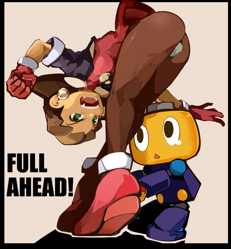 1girl, :o, ass, bent_over, boots, brown_hair, brown_pantyhose, clenched_hand, earrings, english_text, gloves, green_eyes, jewelry, kurokoge013, medium_hair, mega_man_(series), mega_man_legends_(series), pantyhose, pink_boots, pink_gloves, servbot_(mega_man), short_sleeves, simple_background, skull_earrings, standing, tron_bonne_(mega_man)