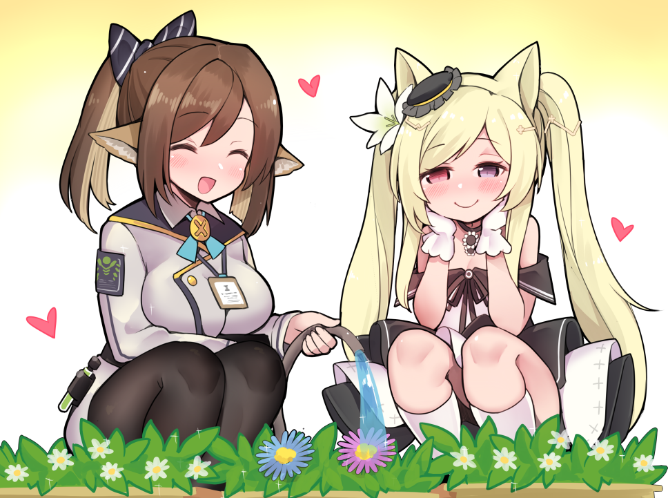 2girls, animal_ears, arknights, black_bow, black_legwear, blonde_hair, blue_flower, blush