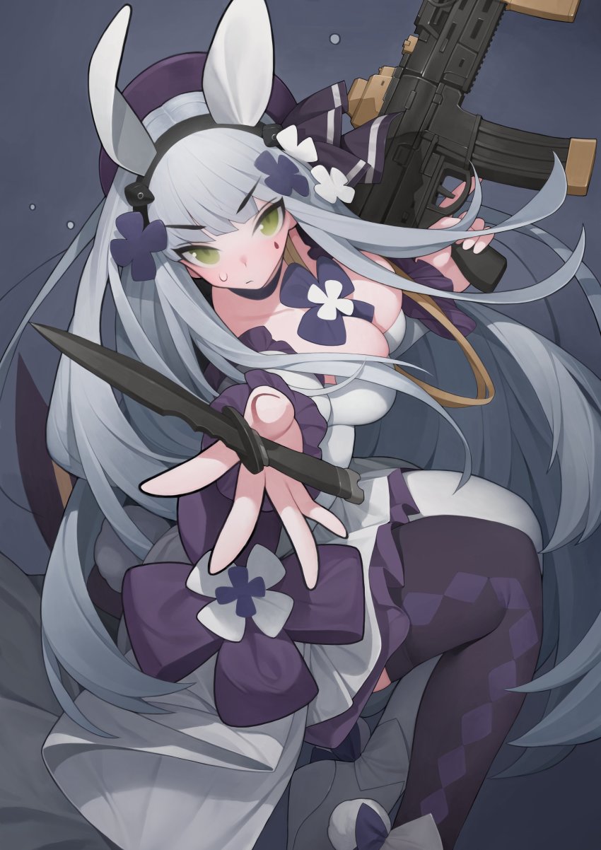 1girl, absurdres, animal_ears, asymmetrical_legwear, black_choker, black_thighhighs, blue_background, blunt_bangs