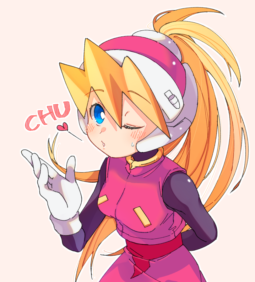 1girl, blonde_hair, blowing_kiss, blue_eyes, blush, breasts, ciel_(mega_man), gloves