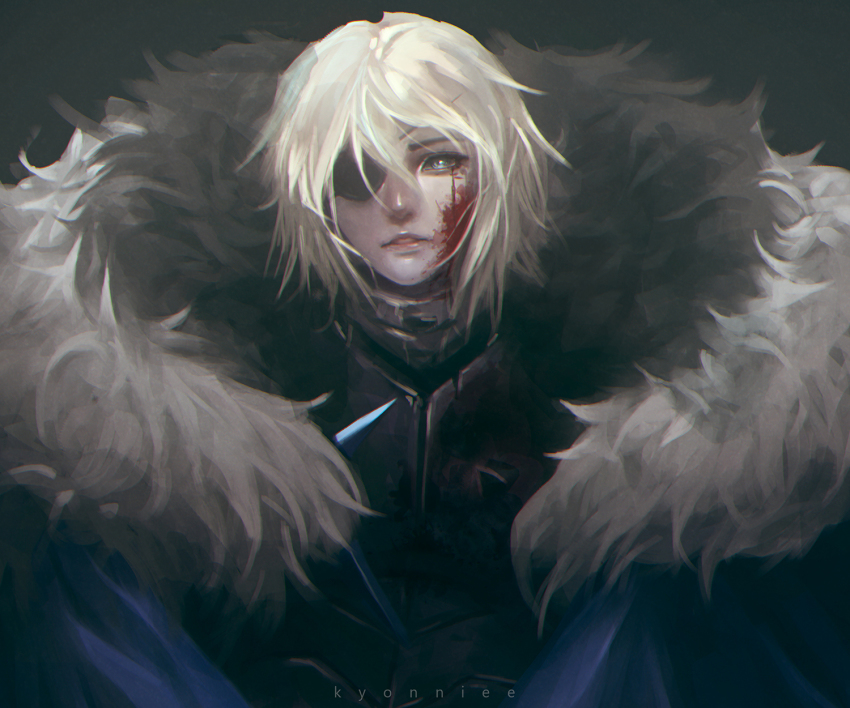 1boy, armor, artist_name, black_armor, black_background, blonde_hair, blood, blood_on_face, blue_eyes, breastplate, crack, dimitri_alexandre_blaiddyd, dimitri_alexandre_blaiddyd_(timeskip), eyepatch, fire_emblem, fire_emblem:_three_houses, fur_trim, highres, kyonniee, male_focus, nintendo, parted_lips, scar, scar_on_face, solo, timeskip, upper_body