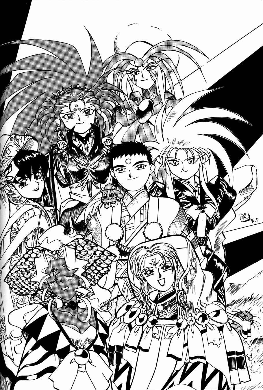 1990s_(style), 1boy, 6+girls, aged_up, breasts, cabbit, cleavage, dark_skin