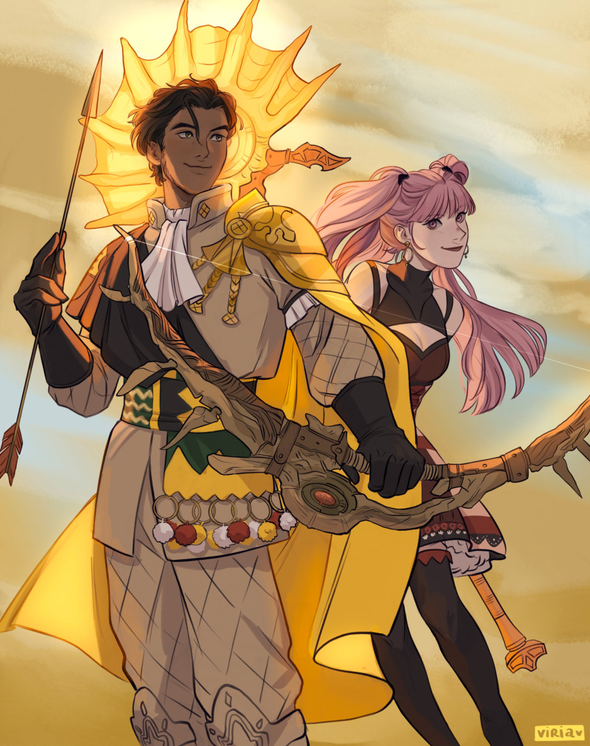 1boy, 1girl, absurdres, arrow_(projectile), axe, black_bow, black_legwear, bow