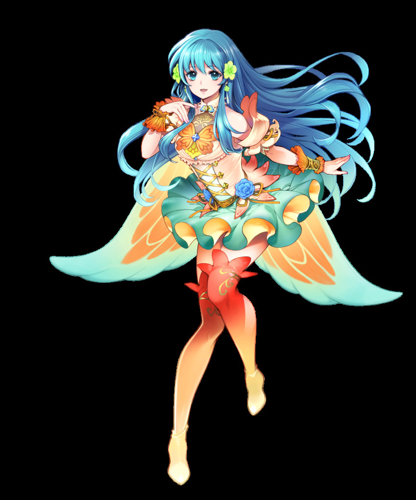 1girl, aqua_hair, artist_request, bare_shoulders, blue_eyes, boots, bracelet, breasts