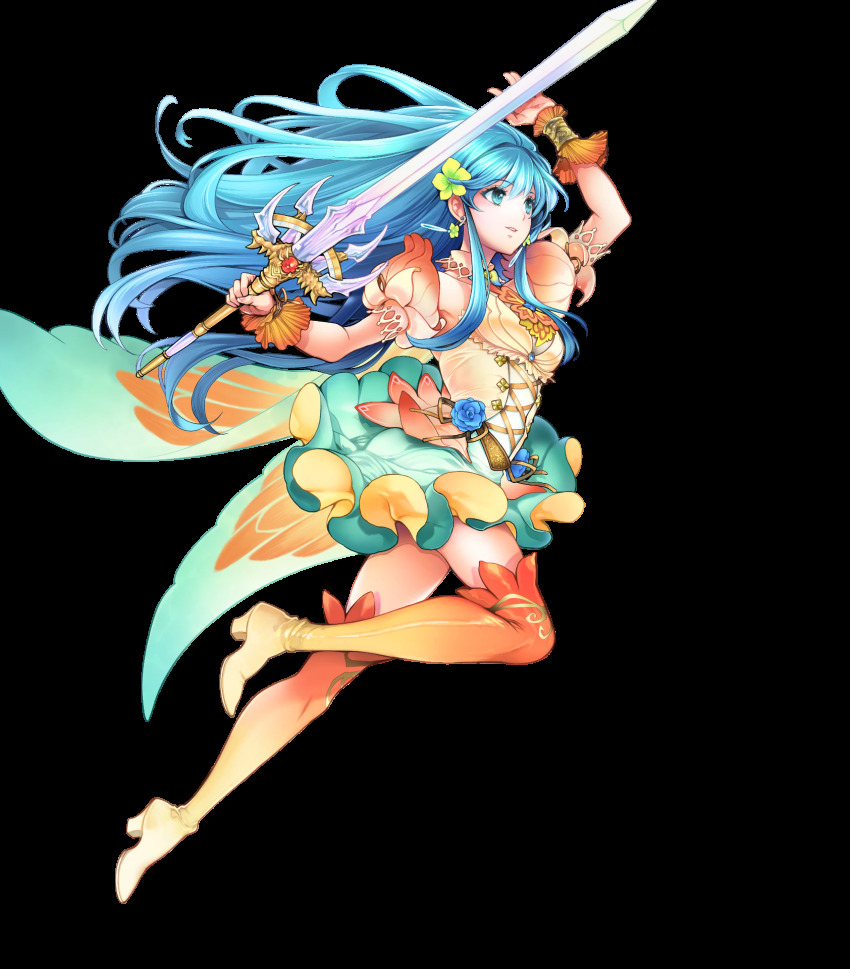 1girl, aqua_hair, artist_request, bare_shoulders, blue_eyes, boots, bracelet, breasts