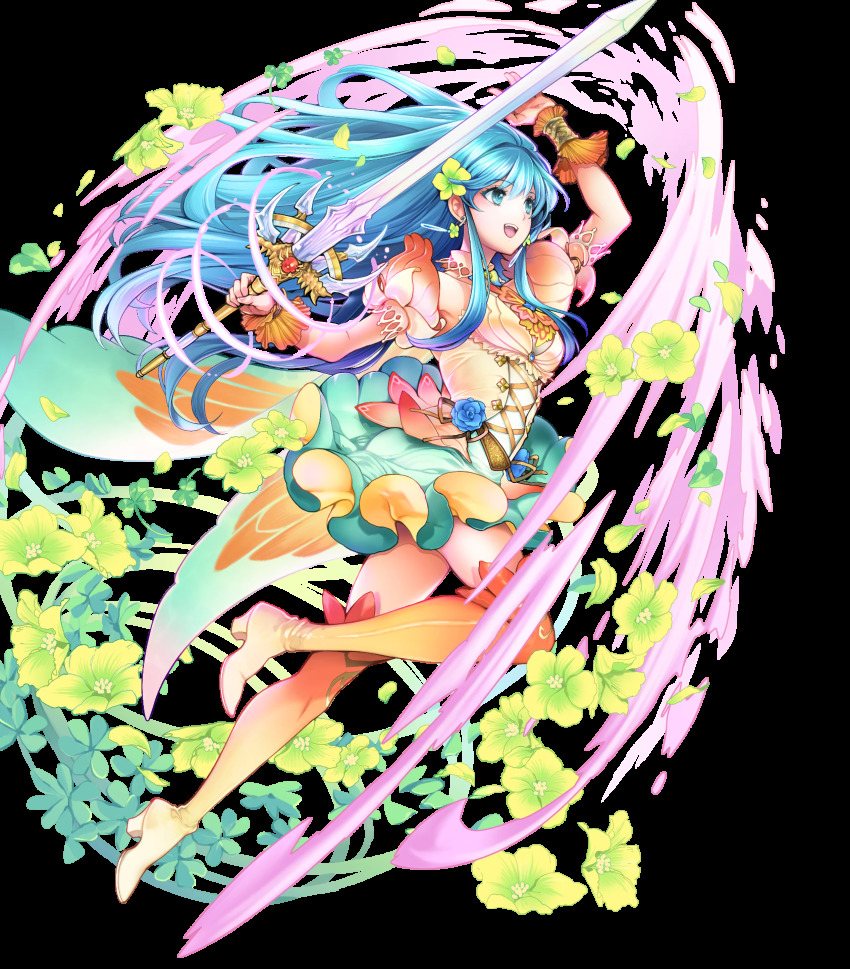 1girl, aqua_hair, artist_request, bare_shoulders, blue_eyes, boots, bracelet, breasts