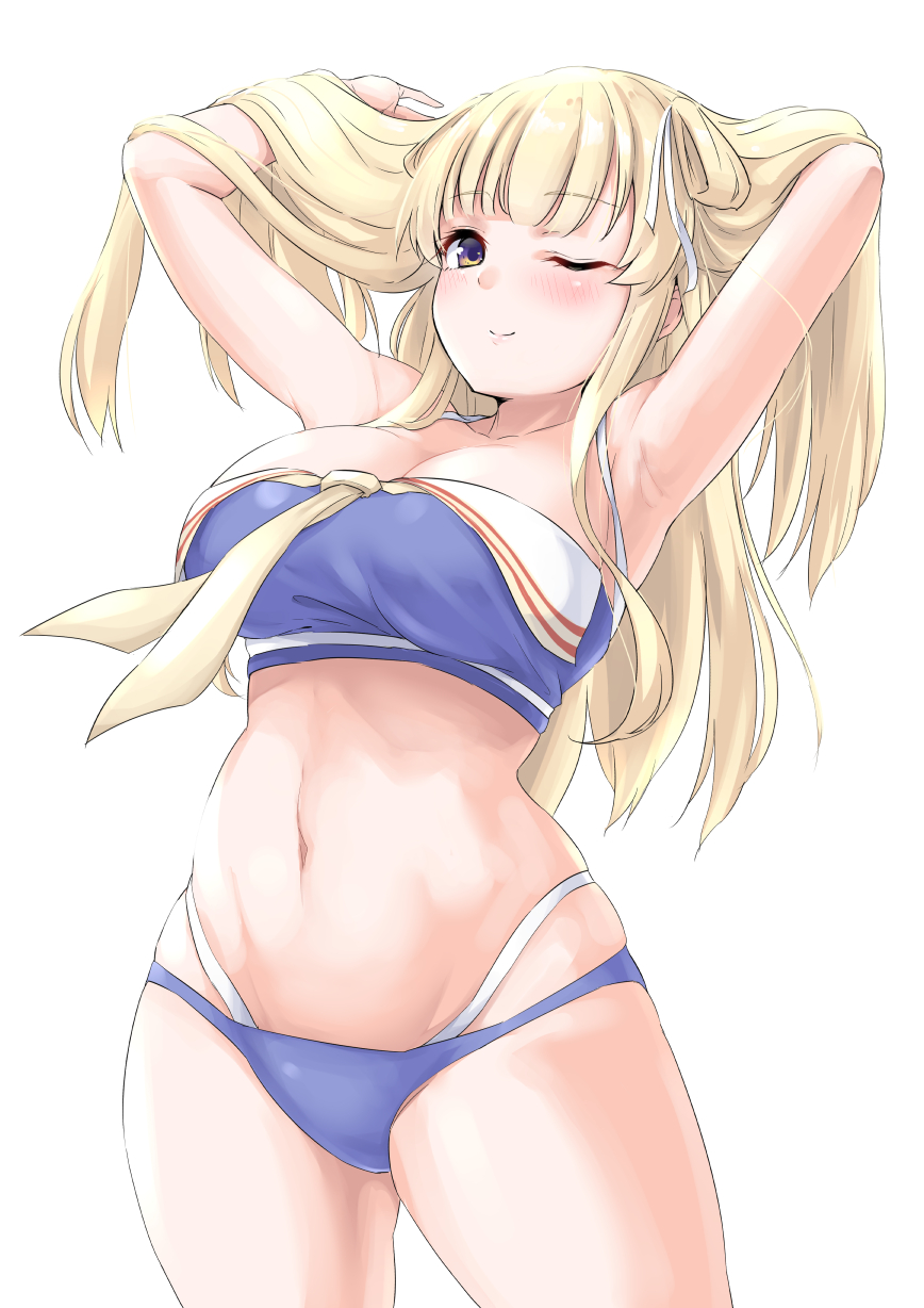 1girl, adapted_costume, bikini, blonde_hair, blue_bikini, blush, breasts, closed_mouth