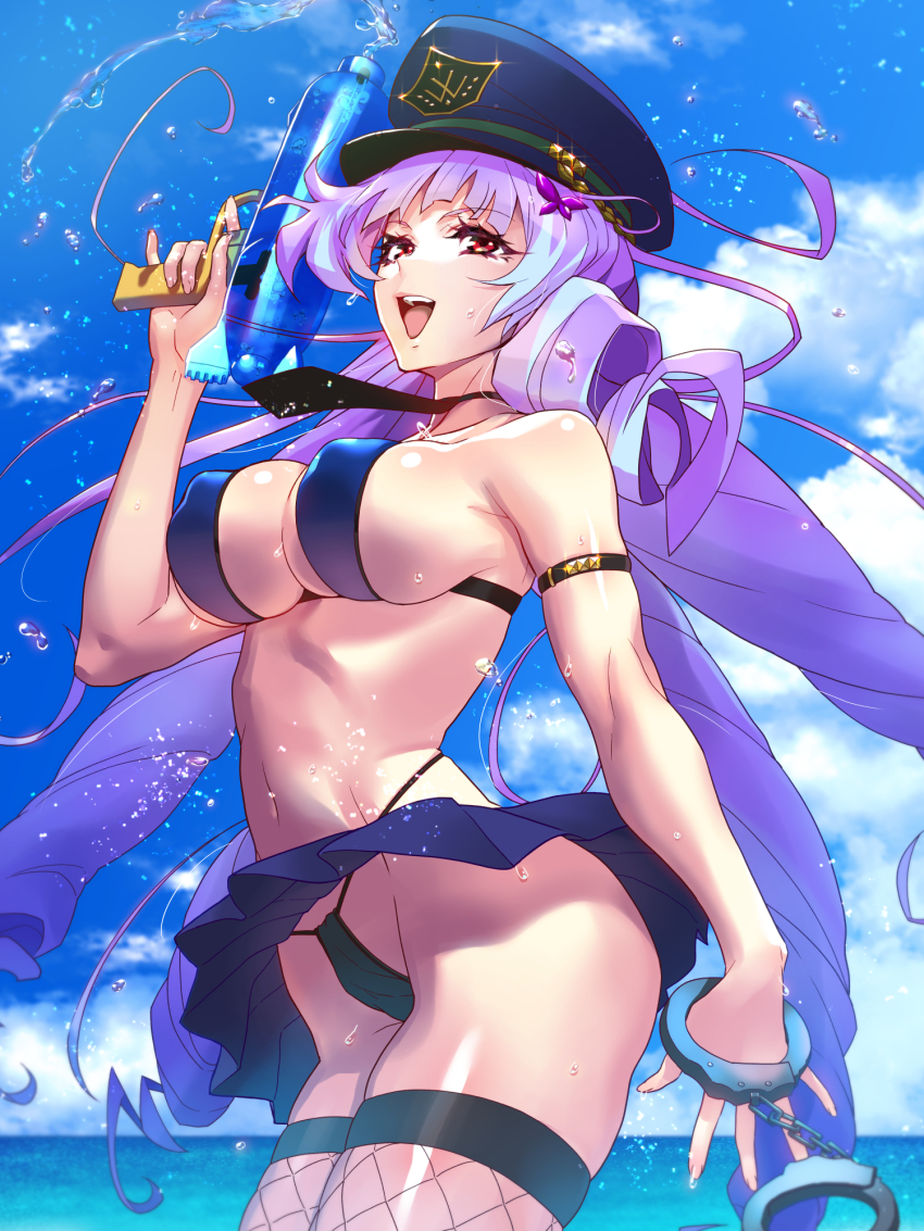 1girl, cuffs, don_(rg06268), fishnets, handcuffs, highres, holding, holding_water_gun, looking_up, macross, macross_delta, mikumo_guynemer, open_mouth, police, purple_hair, red_eyes, solo, swimsuit, walkure_(macross_delta), water_gun
