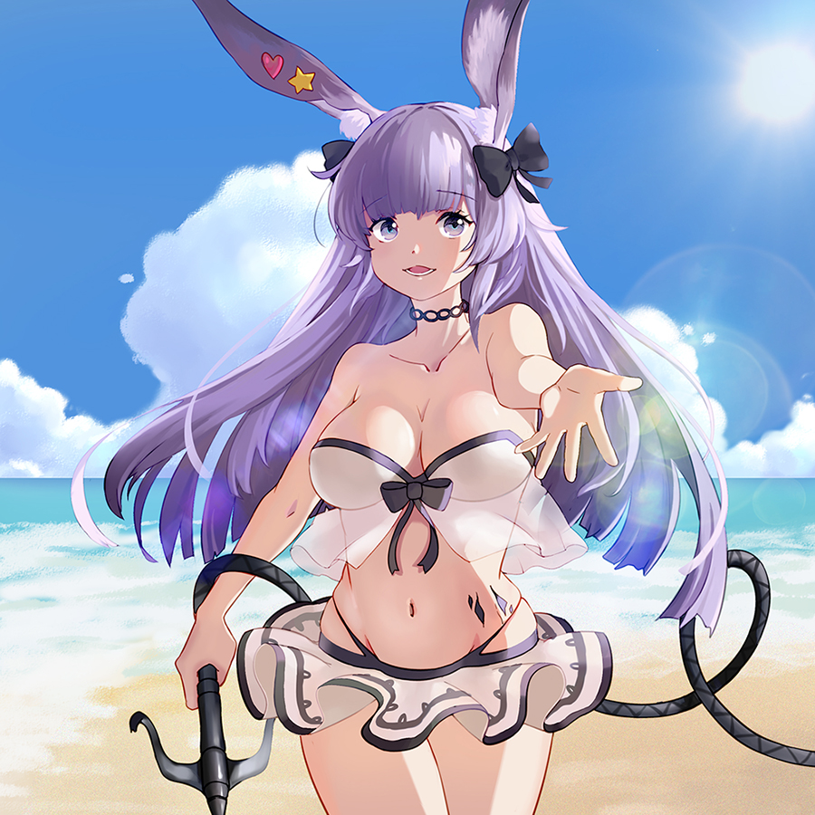 1girl, :d, animal_ear_fluff, animal_ears, arknights, bandeau, bare_arms, bare_shoulders, beach, bikini, bikini_skirt, black_bow, blue_sky, bow, breasts, cleavage, cloud, commentary, cowboy_shot, day, english_commentary, grappling_hook, groin, hair_bow, heart, holding, large_breasts, long_hair, looking_at_viewer, material_growth, microskirt, navel, ocean, official_alternate_costume, okran, open_mouth, oripathy_lesion_(arknights), outdoors, purple_eyes, purple_hair, rabbit_ears, reaching, reaching_towards_viewer, rope_(arknights), rope_(summer_flowers)_(arknights), skirt, sky, smile, solo, standing, star_(symbol), stomach, strapless, strapless_bikini, swimsuit, thighs, water, white_skirt
