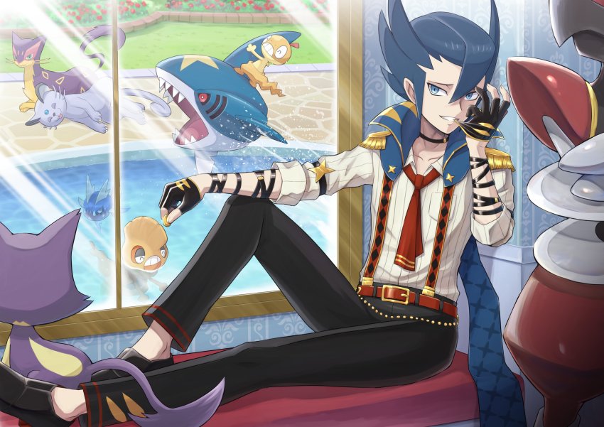 1boy, absurdres, alolan_form, alolan_persian, belt, bisharp, black_pants, blue_eyes