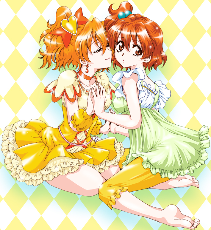 00s, 2girls, argyle_background, argyle_clothes, barefoot, blonde_hair, brown_hair, cure_pine, dual_persona, eyelashes, feet, fresh_precure!, hair_ornament, heart, heart_hair_ornament, magical_girl, multiple_girls, precure, skirt, time_paradox, yamabuki_inori, yatengetsu, yellow_skirt