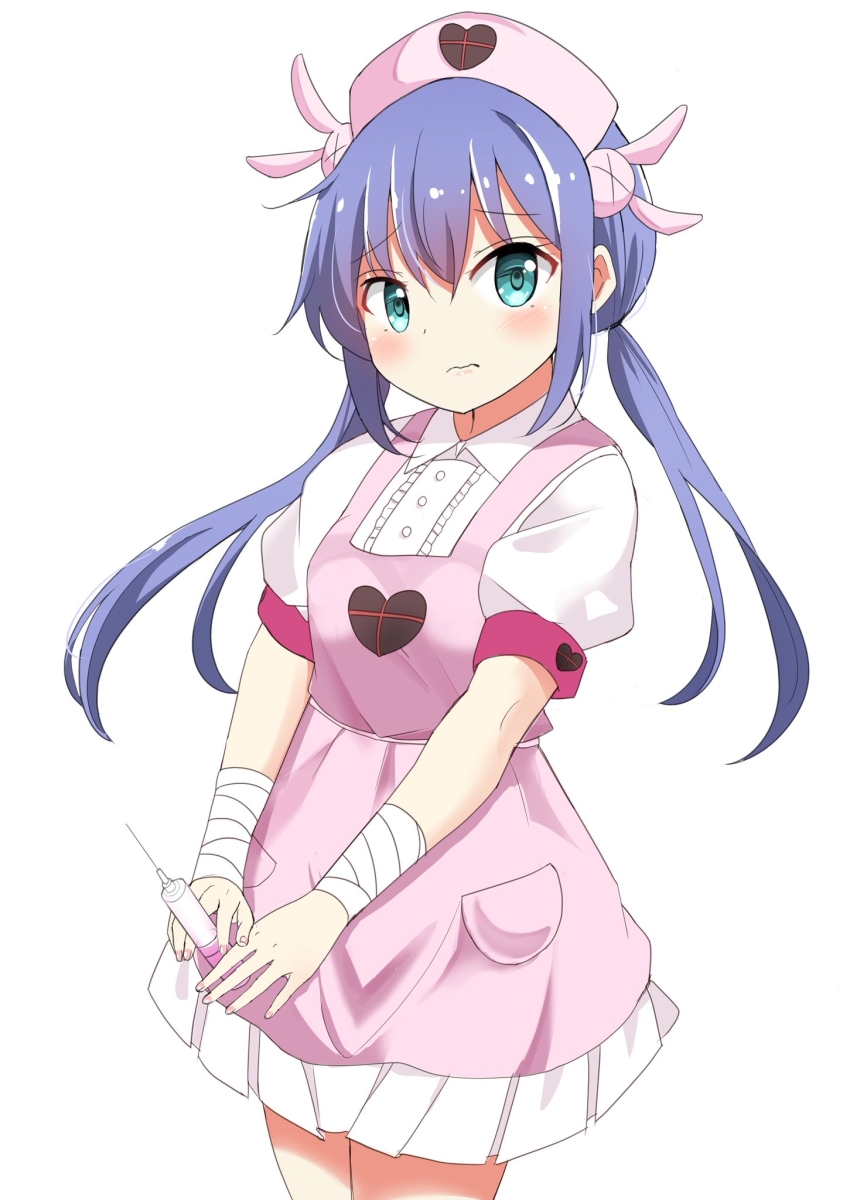 >_<, 1girl, apron, bandaged_arm, bandages, blue_eyes, blue_hair, breasts
