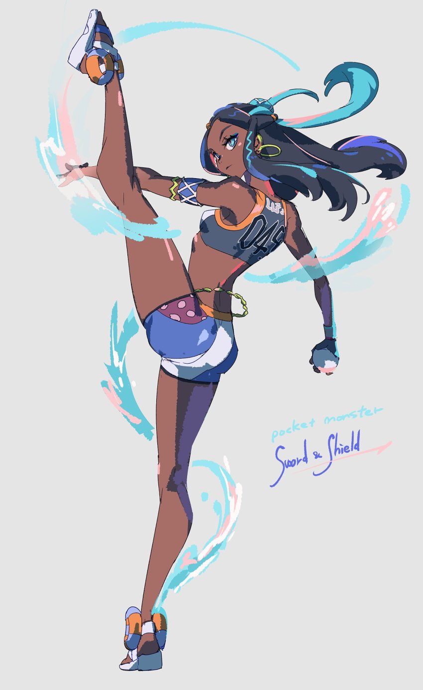 1girl, absurdres, armlet, belly_chain, black_hair, blue_eyes, blue_hair, breasts, commentary_request, copyright_name, dark-skinned_female, dark_skin, dynamax_band, earrings, full_body, gloves, gym_leader, hair_bun, highres, holding, holding_poke_ball, hoop_earrings, jewelry, leg_up, long_hair, makeup, multicolored_hair, nessa_(pokemon), nintendo, poke_ball, poke_ball_(basic), pokemon, pokemon_sword_and_shield, sandals, single_glove, single_hair_bun, solo, thundergotch, two-tone_hair