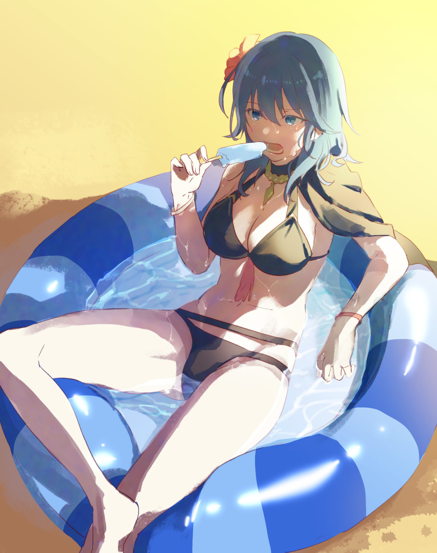 1girl, asao_(vc), bikini, black_bikini, blue_eyes, blue_hair, female_byleth_(fire_emblem), female_byleth_(summer)_(fire_emblem)