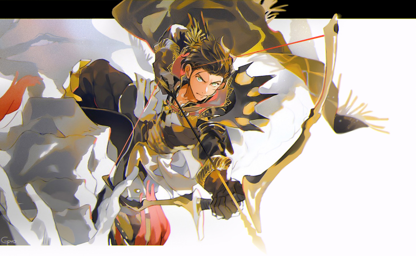 1boy, arrow_(projectile), attack, bow_(weapon), brown_hair, buckle, cape, claude_von_riegan