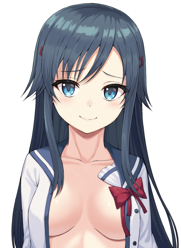 1girl, blue_eyes, blush, bow, breasts, buttons, closed_mouth, commentary_request