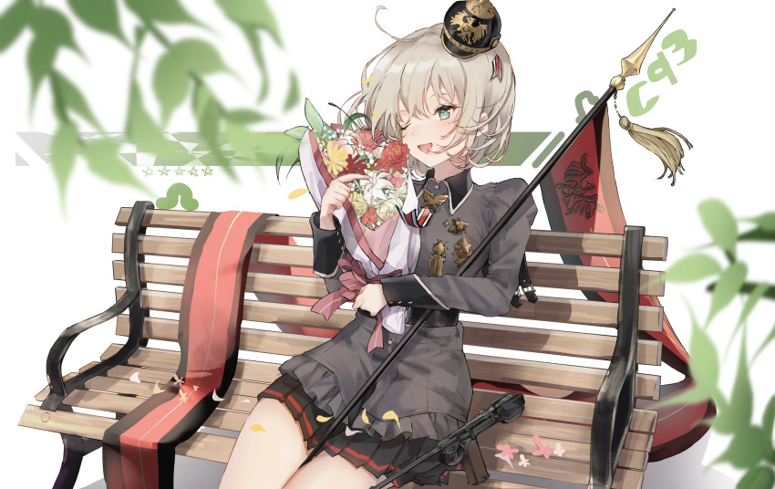 1girl, absurdres, aqua_eyes, belt, bench, black_skirt, borchardt_c-93, bouquet