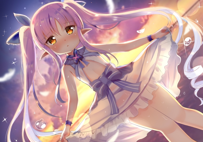1girl, bare_arms, bare_shoulders, blue_bow, blue_ribbon, blurry, blurry_background, blush, bow, brown_eyes, commentary_request, depth_of_field, dress, dutch_angle, frilled_dress, frills, hair_between_eyes, hair_ribbon, holding_own_dress, horizon, kyoka_(princess_connect!), loli, long_hair, nose_blush, ocean, parted_bangs, parted_lips, pink_hair, pointy_ears, princess_connect!, ribbon, rinringyo, see-through_clothes, sidelocks, sleeveless, sleeveless_dress, solo, striped_bow, twilight, twintails, very_long_hair, water, water_drop, white_dress, wrist_cuffs, yuuyake_koyake