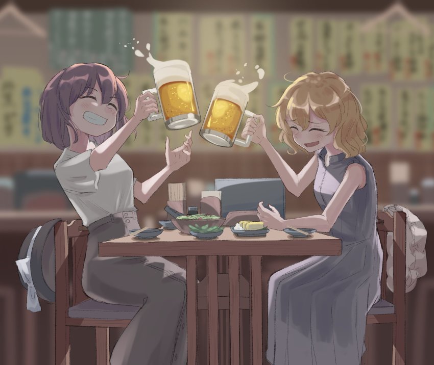 2girls, 5alive, alcohol, bar_(place), beer, beer_mug, black_skirt, blonde_hair, brown_hair, chair, closed_eyes, cup, dress, drunk, edamame, grin, hat, high-waist_skirt, highres, purple_dress, maribel_hearn, mob_cap, mug, multiple_girls, porkpie_hat, shirt, short_sleeves, sitting, skirt, sleeveless, sleeveless_dress, smile, table, teeth, touhou, unworn_headwear, usami_renko, white_shirt, wooden_chair, wooden_table