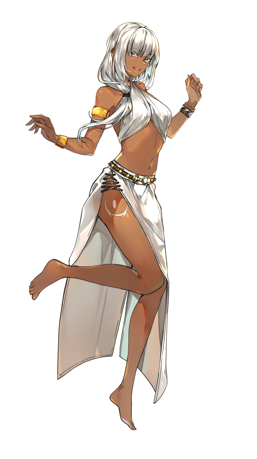 1girl, absurdres, ari(the_girl_from_arkanya), armband, bare_arms, bare_legs, bare_shoulders, barefoot, belt, bodypaint, bracelet, breasts, closz, crop_top, dark_skin, dress, grey_eyes, hair_between_eyes, hair_over_one_eye, hair_tie, highres, jewelry, leg_up, long_hair, long_skirt, medium_breasts, midriff, navel, no_bra, no_panties, no_shoes, open_mouth, see-through_clothes, see-through_skirt, side_slit, skirt, tan, tattoo, the_girl_from_arkanya, tribal, tribal_tattoo, underboob, white_hair