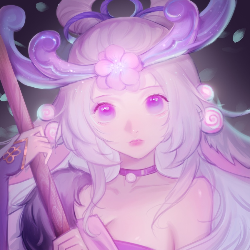 1girl, bare_shoulders, blue_ribbon, breasts, choker, cleavage, flower, hair_flower, hair_ornament, hair_rings, highres, league_of_legends, lillia_(league_of_legends), long_hair, purple_eyes, ribbon, saikayo, solo, spirit_blossom_lillia, staff, upper_body