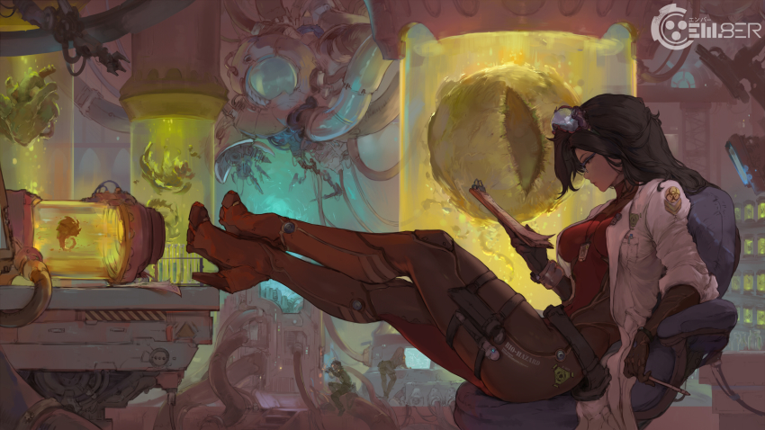 1girl, alien, belt, biohazard_symbol, black_hair, breasts, chair, cutesexyrobutts, em8er, glasses, gloves, high_heels, highres, lab_coat, legs, long_hair, medium_breasts, object_in_pocket, pen_in_pocket, pocket, reading, science_fiction, scientist, thighs