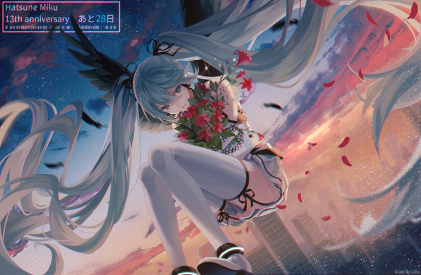 1girl, aile_d'ange_(module), aqua_eyes, aqua_hair, black_ribbon, black_wings, bouquet, building, character_name, cityscape, commentary, dutch_angle, falling_petals, feathered_wings, floating, flower, hair_ribbon, hatsune_miku, holding, holding_bouquet, knees_up, liita_(dusk_snow), long_hair, miniskirt, parted_lips, petals, pleated_skirt, project_diva_(series), red_flower, ribbon, shirt, skirt, skyscraper, solo, tears, twilight, twintails, very_long_hair, vocaloid, voice_(vocaloid), white_legwear, white_shirt, white_skirt, wings