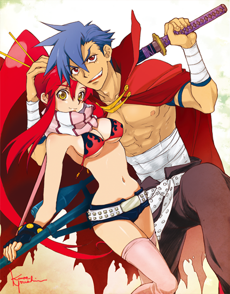 1boy, 1girl, bikini, bikini_top_only, blue_hair, breasts, cleavage, closed_mouth