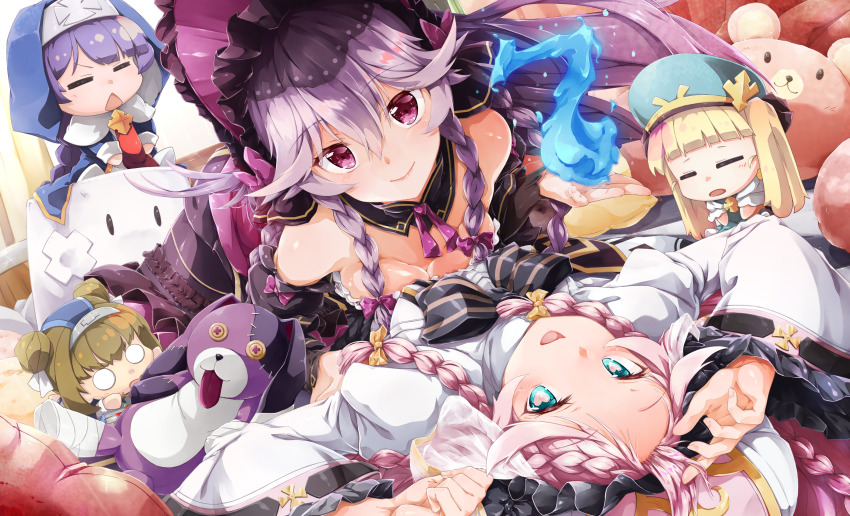0_0, 5girls, :<, =_=, achates_(epic_seven), achates_ururuda, angelica_(epic_seven), aqua_eyes