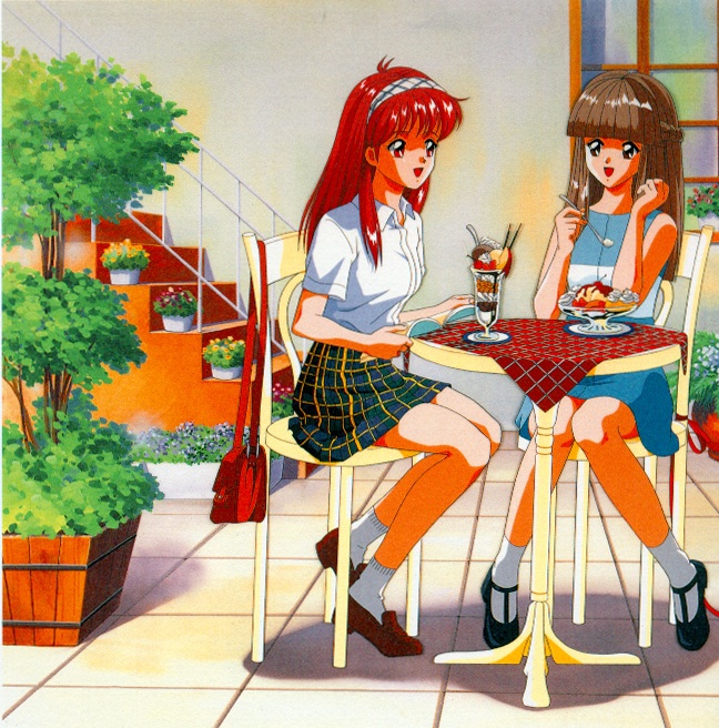1990s_(style), 2girls, blue_skirt, chair, food, fujisaki_shiori, hairband, half_updo, ice_cream, kokura_masashi, mikihara_megumi, multiple_girls, official_art, on_chair, open_mouth, parfait, plant, pocky, potted_plant, retro_artstyle, scan, shoes, sitting, skirt, socks, spoon, stairs, sundae, table, tablecloth, tokimeki_memorial, tokimeki_memorial_1