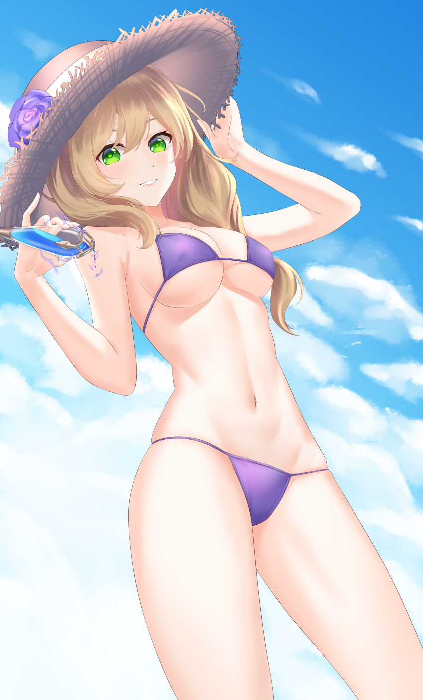 1girl, absurdres, bikini, blonde_hair, blue_sky, breasts, cleavage, day, from_below, gameplay_mechanics, genshin_impact, green_eyes, grin, groin, hair_between_eyes, hair_over_shoulder, hat, highres, holding, lisa_(genshin_impact), long_hair, looking_at_viewer, medium_breasts, navel, outdoors, parted_lips, purple_bikini, qi_xuan, sideboob, sky, smile, solo, standing, straw_hat, swimsuit, underboob