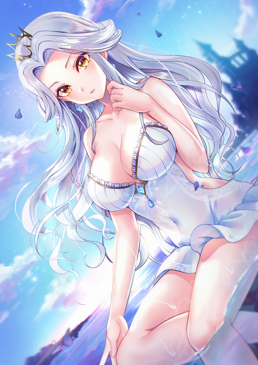1girl, braid, breasts, casual_one-piece_swimsuit, cleavage, collarbone, covered_navel, crown