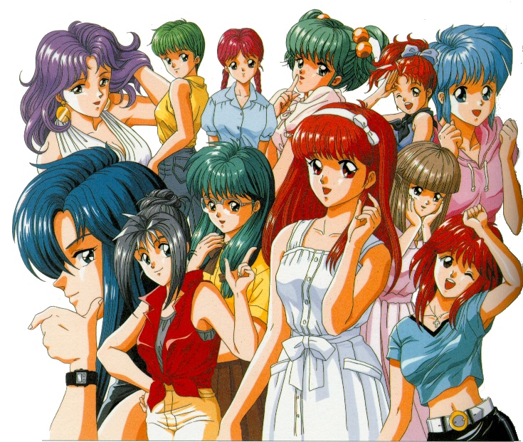 1990s_(style), 6+girls, aqua_hair, asahina_yuko, blue_eyes, blue_hair, blunt_bangs, brown_hair