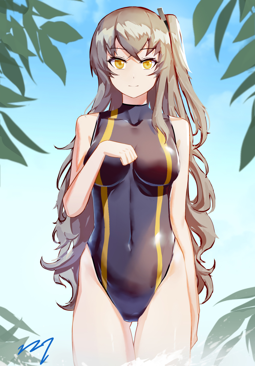 1girl, absurdres, alternate_breast_size, black_one-piece_swimsuit, brown_hair, casual_one-piece_swimsuit, chinese_commentary, commentary_request, covered_navel, girls'_frontline, gradient_sky, highleg, highleg_one-piece_swimsuit, highres, impossible_clothes, impossible_swimsuit, looking_at_viewer, one-piece_swimsuit, one_side_up, sky, smile, solo, swimsuit, turtleneck, ump45_(girls'_frontline), yellow_eyes, zzq