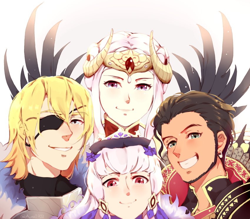 2boys, 2girls, absurdres, armor, aura0702, blonde_hair, blue_eyes, brown_hair