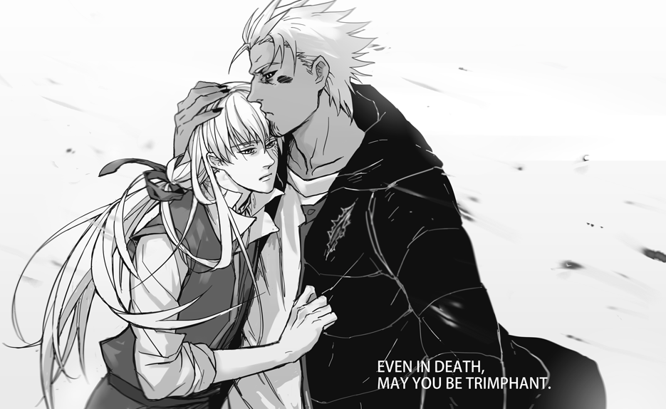 2boys, dark-skinned_male, dark_skin, glalda_erefith, greyscale, hair_ribbon, hand_on_another's_head, hood