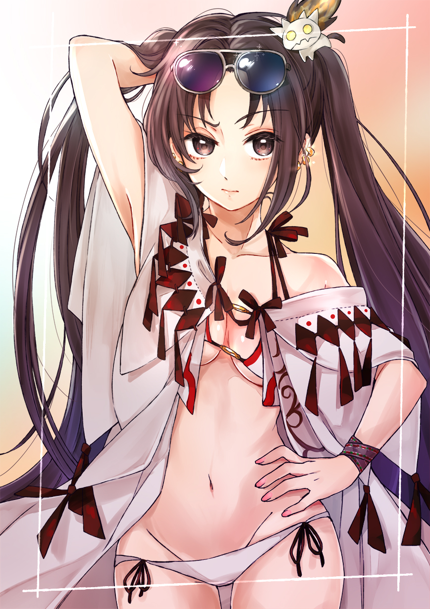 1girl, arm_behind_head, bad_id, bad_pixiv_id, bare_shoulders, bikini, breasts, brown_eyes, brown_hair, collarbone, commentary_request, earrings, eyewear_on_head, fate/grand_order, fate_(series), hair_ornament, hanasaki_nm, hand_on_own_hip, highres, jewelry, long_hair, looking_at_viewer, lowleg, lowleg_bikini, multiple_earrings, navel, small_breasts, solo, sunglasses_on_head, swimsuit, twintails, very_long_hair, white_bikini, wristband, yu_mei-ren_(fate), yu_mei-ren_(swimsuit_lancer)_(fate)