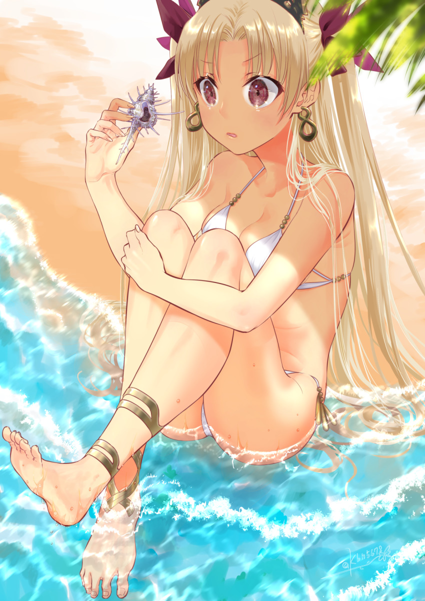 1girl, ankle_strap, bare_shoulders, barefoot, beach, bikini, blonde_hair, breasts, collarbone, commentary_request, day, earrings, ereshkigal_(fate), fate/grand_order, fate_(series), hair_ribbon, halterneck, highres, holding, holding_shell, jewelry, long_hair, matatabi_kikuno, ocean, partially_submerged, red_eyes, red_ribbon, ribbon, seashell, shell, sitting, small_breasts, solo, string_bikini, swimsuit, very_long_hair, white_bikini
